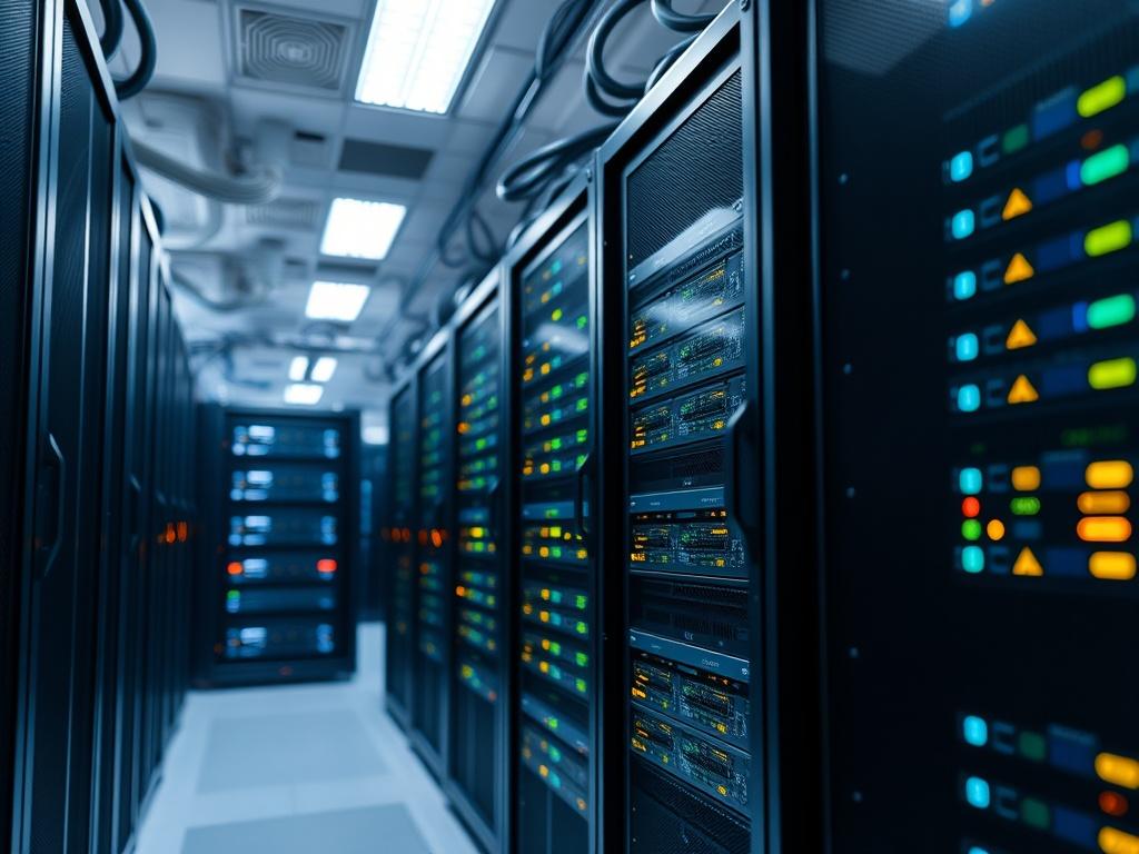 A hyper-realistic high-resolution photo of a modern data center, showcasing rows of servers with blinking lights, organized cable management, and an open space. The focus should be on a single server rack with a blurred background of other equipment. The lighting should be bright and the color scheme should include the primary color rgb(243, 210, 80). Shot with a 45mm f/1.2 lens style, capturing intricate details and giving a sense of advanced technology.