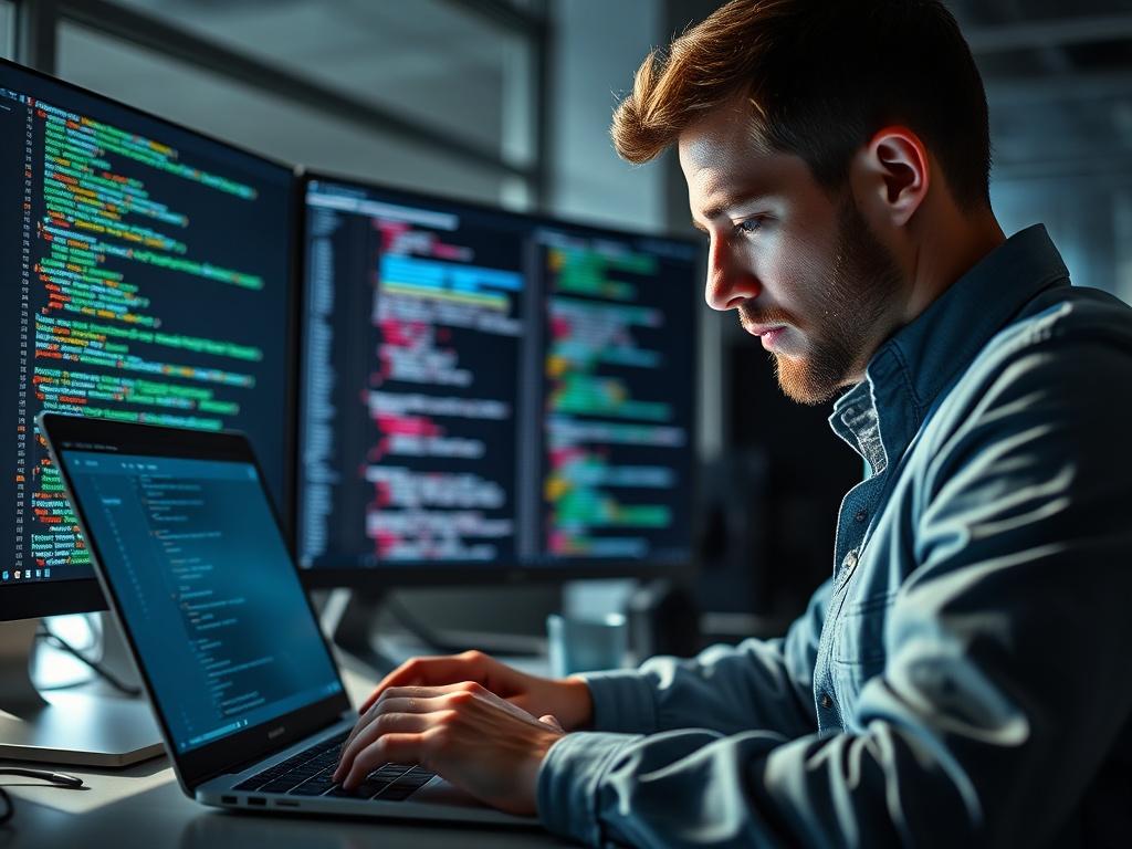 A close-up shot of a professional DevOps engineer working on a laptop, focused on coding and deployment tasks. The background features a modern workspace with dual monitors displaying code and system statuses. The lighting is bright and emphasizes the engineer's concentration, creating a productive atmosphere. The image should evoke a sense of innovation and efficiency, showcasing the DevOps process in action.