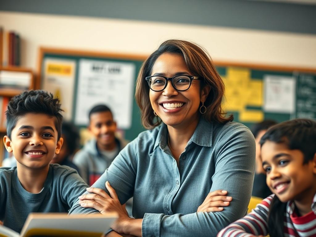 A close-up shot of an inspiring educator in a classroom setting, engaging with diverse students. The educator is smiling, showing enthusiasm and passion for teaching. The background features educational materials like books and a chalkboard, with warm lighting to create an inviting atmosphere. The overall tone conveys a sense of community, faith, and a commitment to Christian values in education. The image should be rendered in high-resolution, compatible with the rgb(243, 210, 80) primary color.