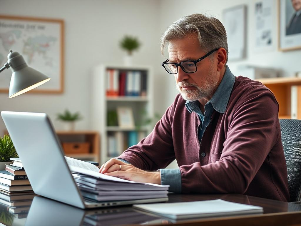 Create a realistic high-resolution photo of a thoughtful educator reviewing documents in a serene office environment. The composition should focus on the educator, a middle-aged individual with glasses, seated at a desk with a stack of books and a laptop open in front of them. The background should reflect a calm, organized workspace with soft lighting. Use a color palette that includes the primary color rgb(243, 210, 80) subtly incorporated into the decor.