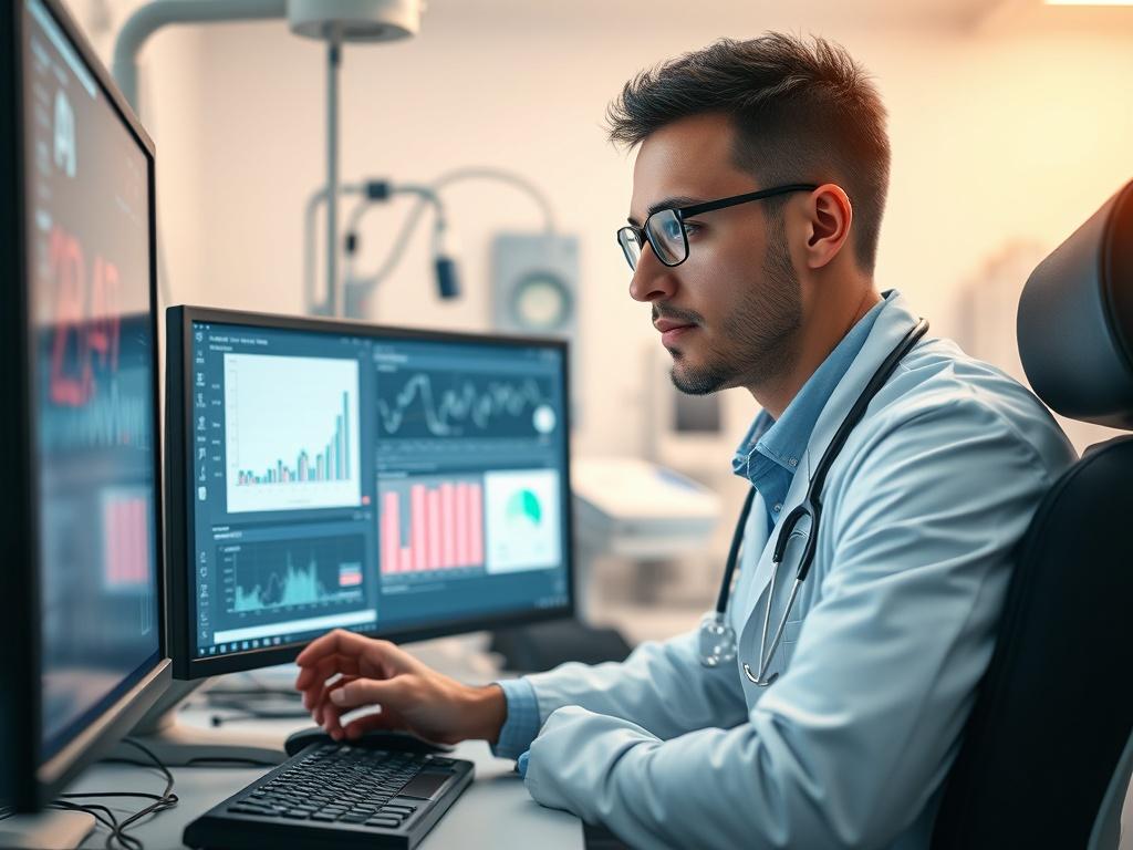 A close-up shot of a healthcare IT professional working on a computer in a medical environment. The subject is a focused individual, analyzing data on a screen filled with graphs and patient information. The background features medical equipment and soft lighting, creating a professional yet warm atmosphere. The image should be rendered in hyper-realistic quality, showcasing details like the individual’s expressions and the computer screen's information. The overall color tone should harmonize with the prim