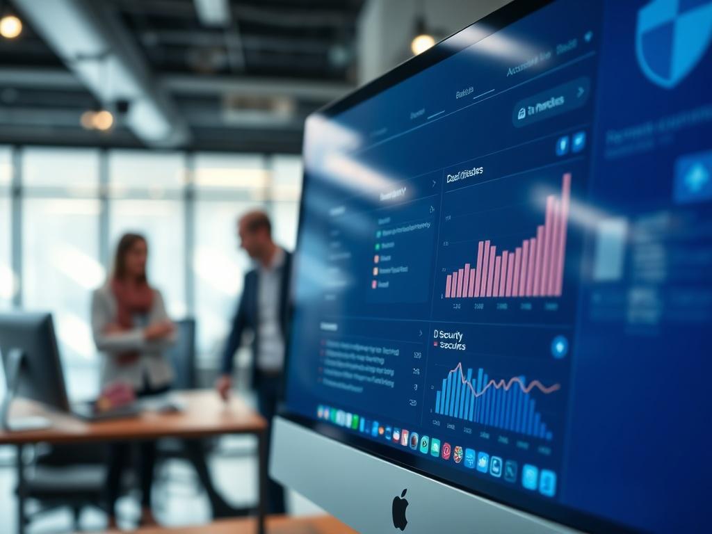 A close-up shot of a computer screen displaying a cloud security dashboard with data analytics and backup options. The background includes blurred images of a team of IT professionals collaborating in a modern office space. The focus is on the screen's interface, showcasing security features and analytics, shot with a 45mm f/1.2 lens.