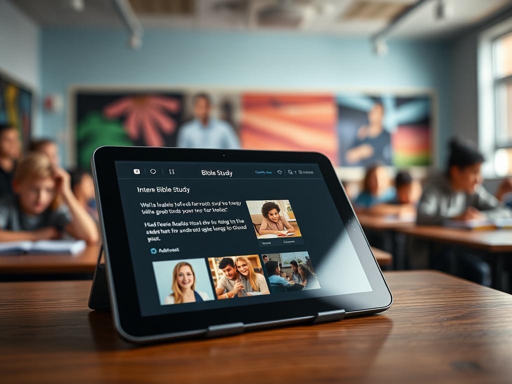 A close-up shot of a modern digital tablet displaying an interactive Bible study application in a well-lit classroom setting. The background features blurred images of students engaged in learning, with vibrant colors and elements that suggest a faith-based educational environment. The focus is on the tablet, showcasing the user-friendly interface and engaging content, shot with a 45mm f/1.2 lens.