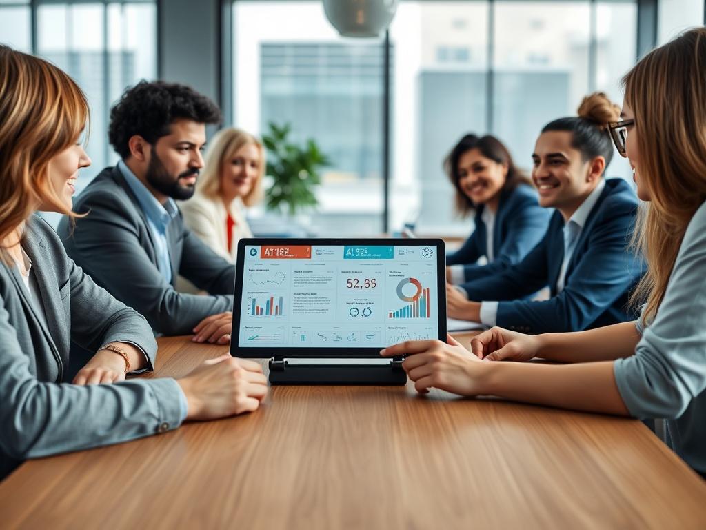 A close-up shot of a diverse group of professionals in a modern office discussing AI strategies around a conference table. The setting is bright and collaborative, with digital devices and charts visible in the background. The focus is on a digital tablet displaying AI-related analytics, capturing the essence of innovation and ethical decision-making, shot with a 45mm f/1.2 lens.