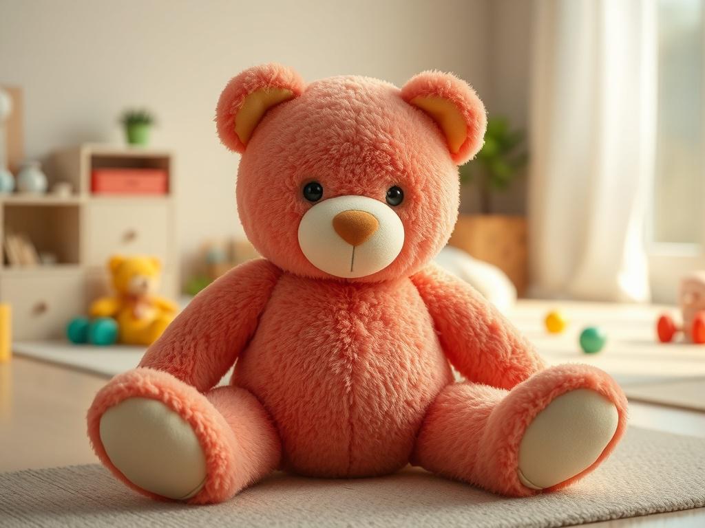 **AI Image Generation Prompt:**

Create a highly detailed, realistic high-resolution photo that embodies the theme of "Essential Toy Safety Tips for Parents." The composition should be simple and clear, featuring a single, vibrant, plush toy—like a cuddly teddy bear—to symbolize child-friendly play. This plush toy should be depicted in a well-lit, bright environment, emphasizing its soft textures and vivid colors. 

In the background, include a cozy, clean room setting, perhaps with a soft rug and a few sca