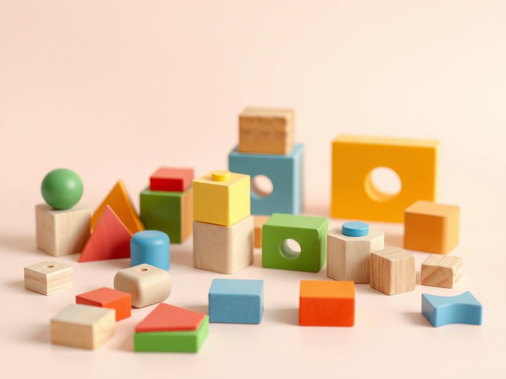 A lifelike image of a wooden educational toy set arranged neatly on a clean, light-colored surface. The colorful blocks and shapes are in focus, showcasing their smooth texture and vibrant colors. The background is simple and soft, emphasizing the educational aspect of the toys.
