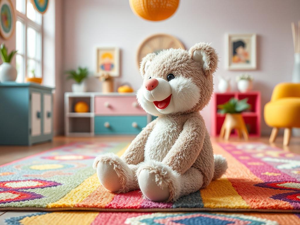 A high-resolution image of a plush stuffed animal sitting happily on a colorful rug in a bright, cheerful room. The stuffed animal is detailed and lifelike, accentuating its softness and charm. The background is inviting and playful, enhancing the feeling of warmth and joy.