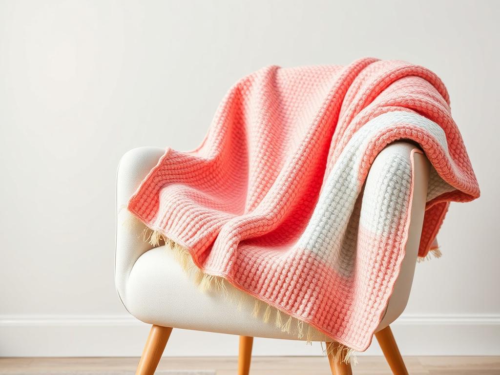 A high-resolution image of an organic cotton baby blanket elegantly draped over a soft, neutral-toned nursery chair. The blanket showcases its vibrant colors and intricate texture in photorealistic detail. The background is minimalistic, ensuring the focus remains on the blanket while the lighting highlights its softness and quality.