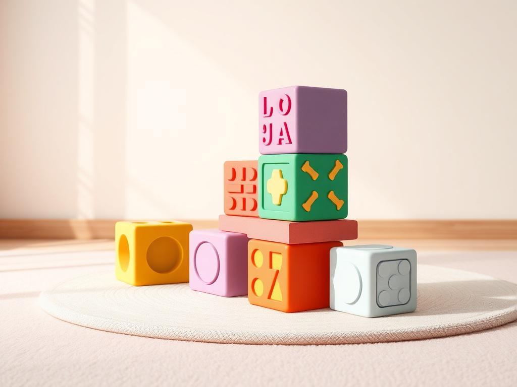 A realistic high-resolution image of colorful eco-friendly baby blocks stacked on a soft, pastel-colored play mat. The blocks should have various designs and textures, showcasing bold vibrant colors against a minimalistic background. The lighting should be bright and inviting to create a warm atmosphere.
