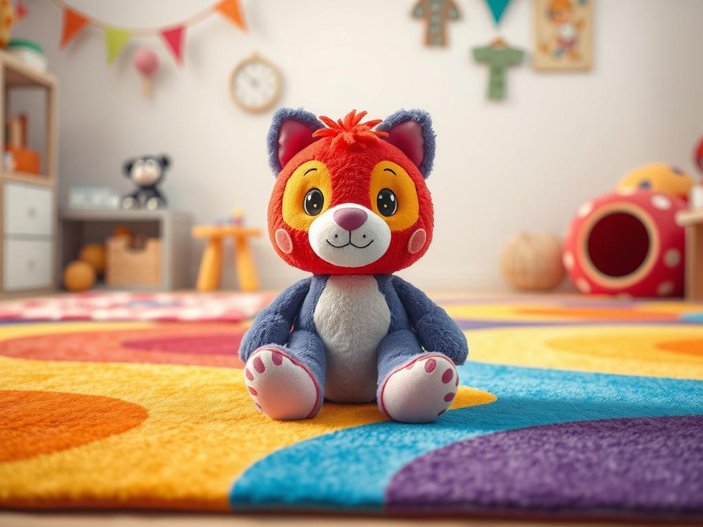 A realistic high-resolution image of an adorable interactive plush toy sitting on a bright, colorful rug in a cozy playroom. The toy should have expressive features and vibrant colors, with soft textures that invite touch. The background should be simple and clean, showcasing the playful environment.
