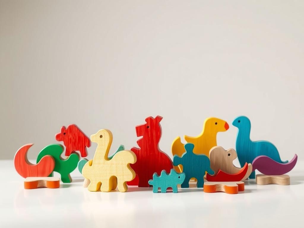 A realistic high-resolution image of a colorful wooden puzzle set displayed on a clean, white table. The puzzle pieces should feature various shapes and animal designs, showcasing vibrant colors and smooth textures. The background should be minimalistic to emphasize the puzzle set.