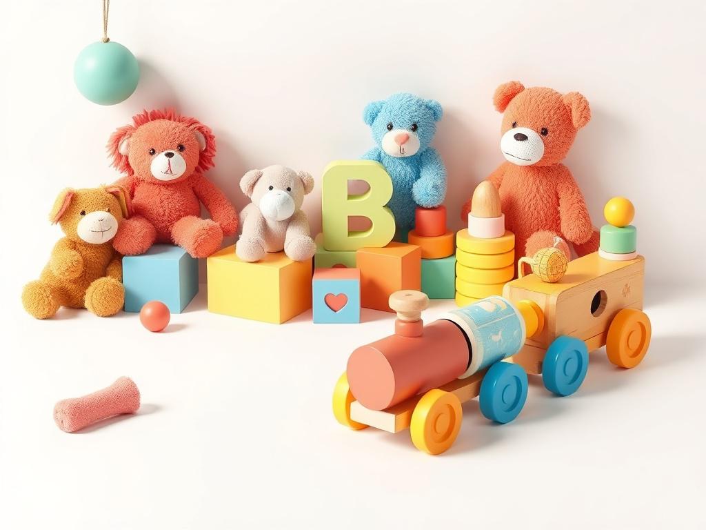 Create a photorealistic image of a vibrant, minimalist toy display