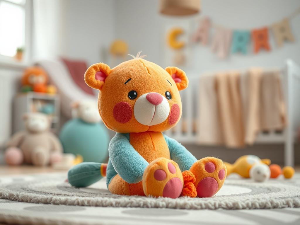 A close up of an adorable interactive plush toy, featuring