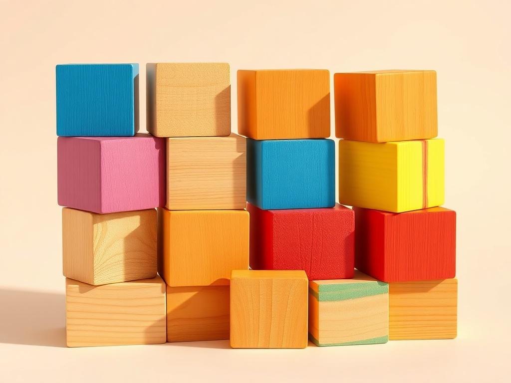 A realistic high-resolution image of a set of eco-friendly wooden blocks in various shapes and colors. The blocks should be arranged in a playful stack, showcasing their vibrant colors. The background should be a soft, neutral color to highlight the blocks, with natural light enhancing the wood's texture.