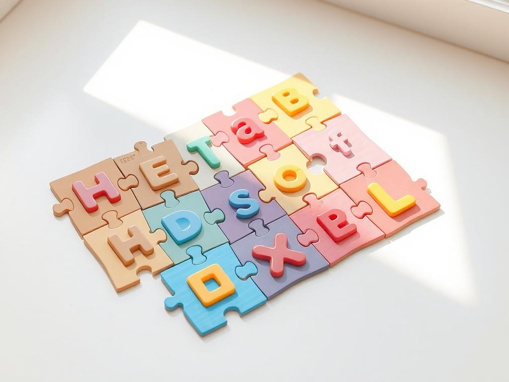 A realistic high-resolution image of an interactive learning puzzle laid out on a clean, bright surface. The puzzle should display vibrant colors with various shapes and letters, inviting children to engage with it. Soft, natural lighting should enhance the colors and textures of the puzzle.