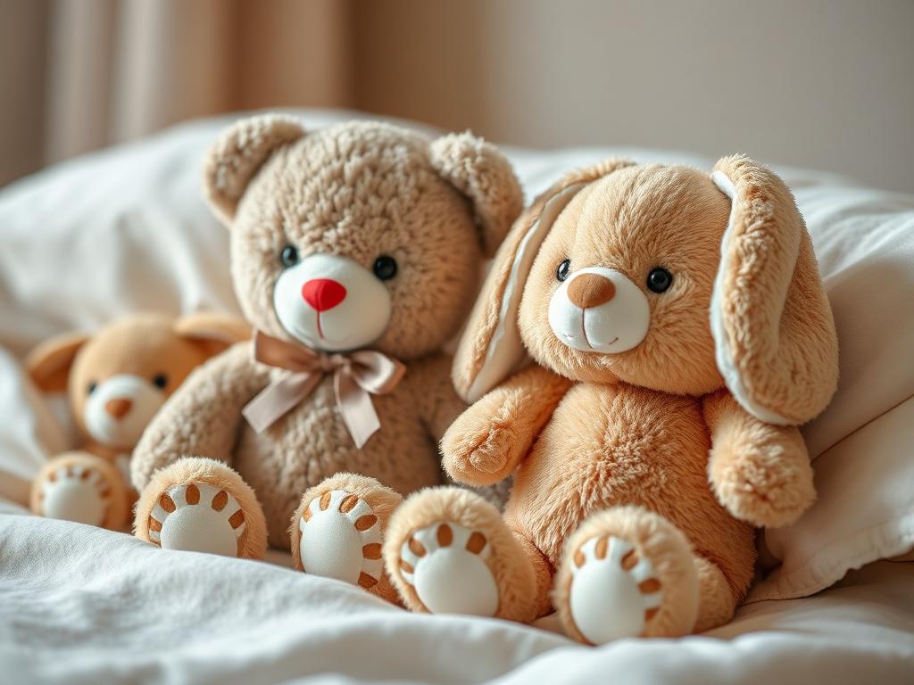 A realistic high-resolution image of a collection of plush animal toys, including a teddy bear and a bunny. The plush toys should be arranged in a cozy setting, perhaps on a soft blanket or bed, with warm lighting that accentuates their softness and appeal.