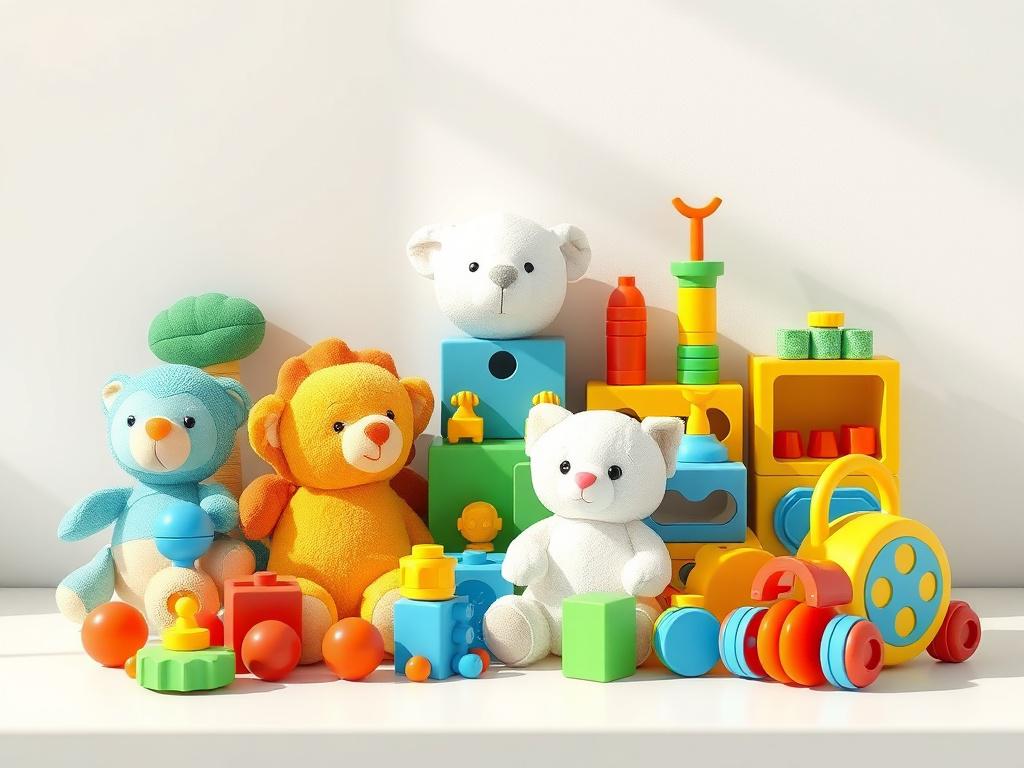 Create a realistic high-resolution photo of a vibrant and playful baby toy set. The composition should feature a colorful arrangement of toys, including soft plush animals, interactive building blocks, and educational toys, set against a clean, minimalistic background. Use bold colors like green (rgb(50, 170, 39)), yellow, and blue to create an inviting and cheerful atmosphere. The lighting should be bright and natural, highlighting the textures and details of the toys.