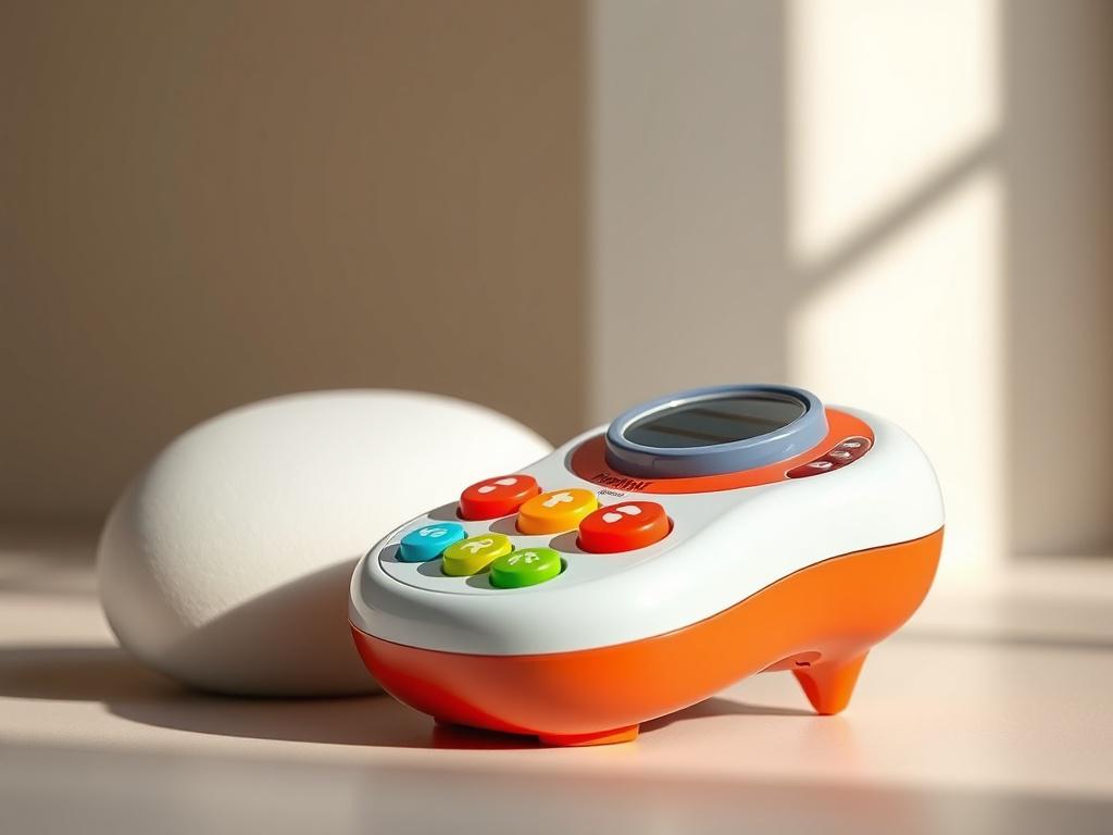 A realistic high-resolution image of a colorful interactive learning toy, designed for infants and toddlers. The toy should be the focal point, showcasing vibrant colors and buttons. The background should be minimalistic, with soft, neutral tones to emphasize the toy's features. The composition should highlight the toy's interactive elements, making it appealing and inviting for young children.