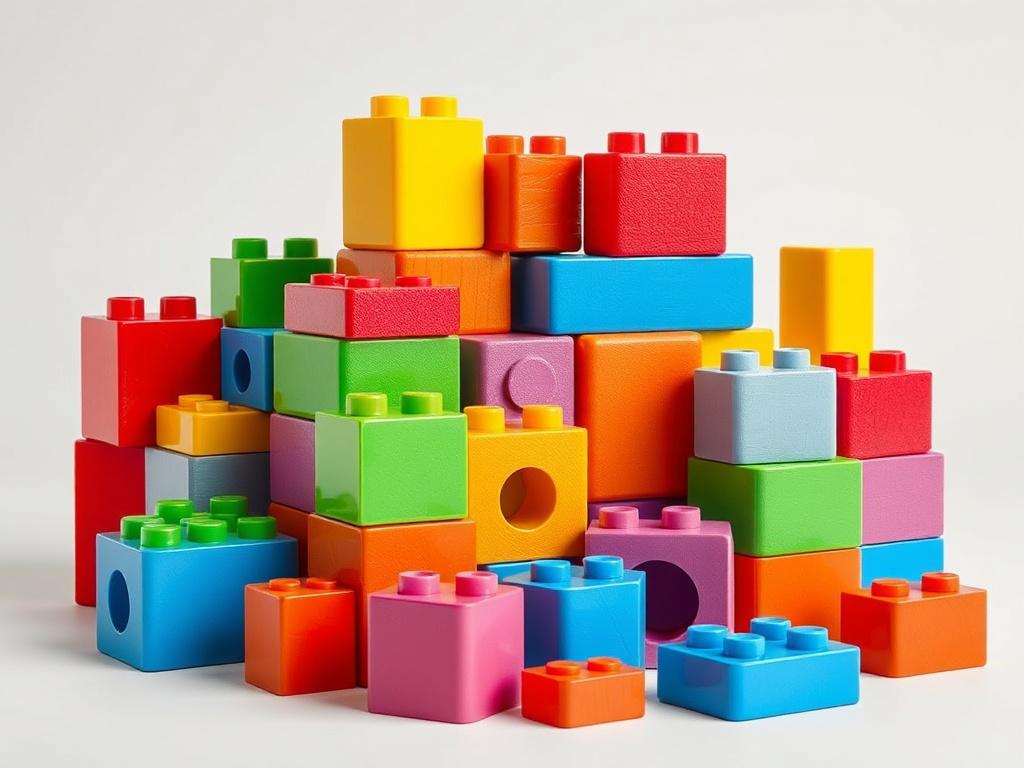 A realistic high-resolution image of a colorful building block set for children. The blocks should be arranged in an eye-catching formation, showcasing their vibrant colors and various shapes. The background should be minimal and light, focusing on the blocks' textures and details. The composition should highlight the imaginative possibilities of the blocks, inviting children to start building.