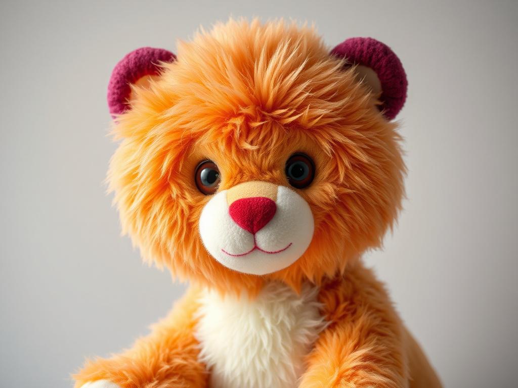 A realistic high-resolution image of a soft plush animal toy, designed for children. The plush toy should be fluffy and colorful, capturing a friendly expression. The background must be simple and clean, with soft lighting to highlight the textures of the plush material. The composition should focus solely on the plush animal, making it appear inviting and comforting.