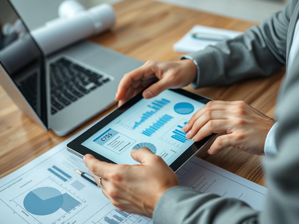 A close-up shot of a professional consultant analyzing detailed project plans and data charts on a modern tablet device, with a backdrop of engineering blueprints and a laptop on a sleek wooden desk. The composition is simple and clear, focusing on the consultant's hands and the tablet screen. The image is hyper-realistic with sharp focus, captured with a 45mm f/1.2 lens style. The color scheme prominently features rgb(96, 30, 18) as the primary color, giving a warm, professional tone.