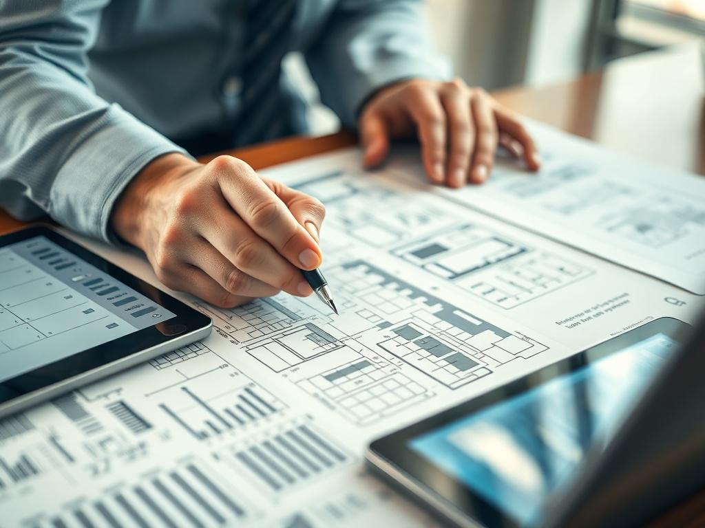 A close-up, hyper-realistic photo of a professional consultant analyzing architectural and electrical engineering plans on a desk, shot with a 45mm f/1.2 lens style. The image focuses on the consultant's hands holding a pen over detailed blueprints and digital tablets displaying data charts. The background is softly blurred to emphasize the precision and expertise involved, with a warm color tone compatible with rgb(96, 30, 18).