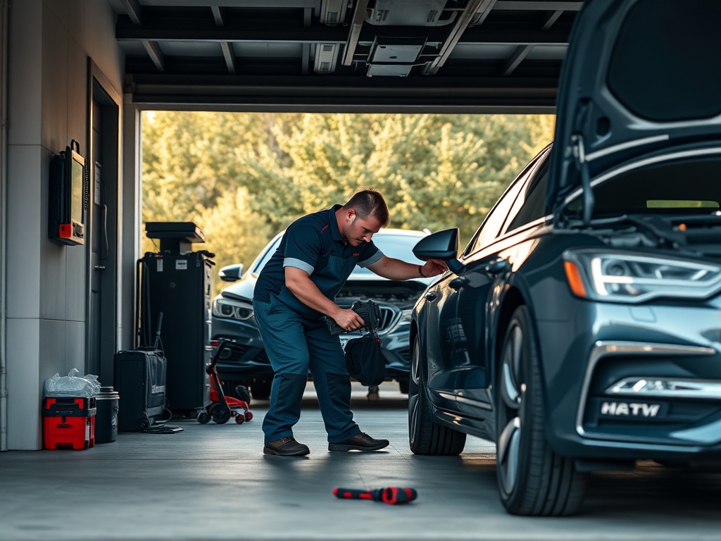 Skilled mechanic working on a car in a driveway