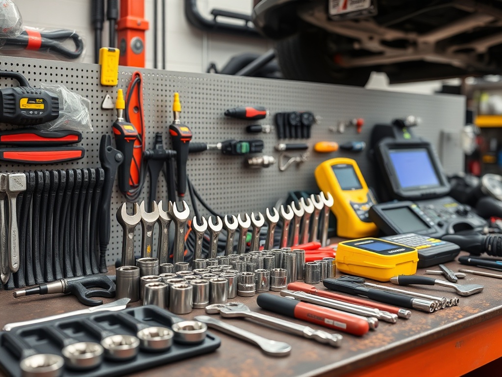 Professional automotive mechanic tools neatly arranged on workbench