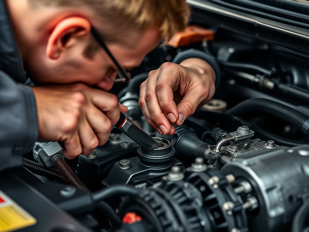 Mechanic performing detailed work on vehicle engine component