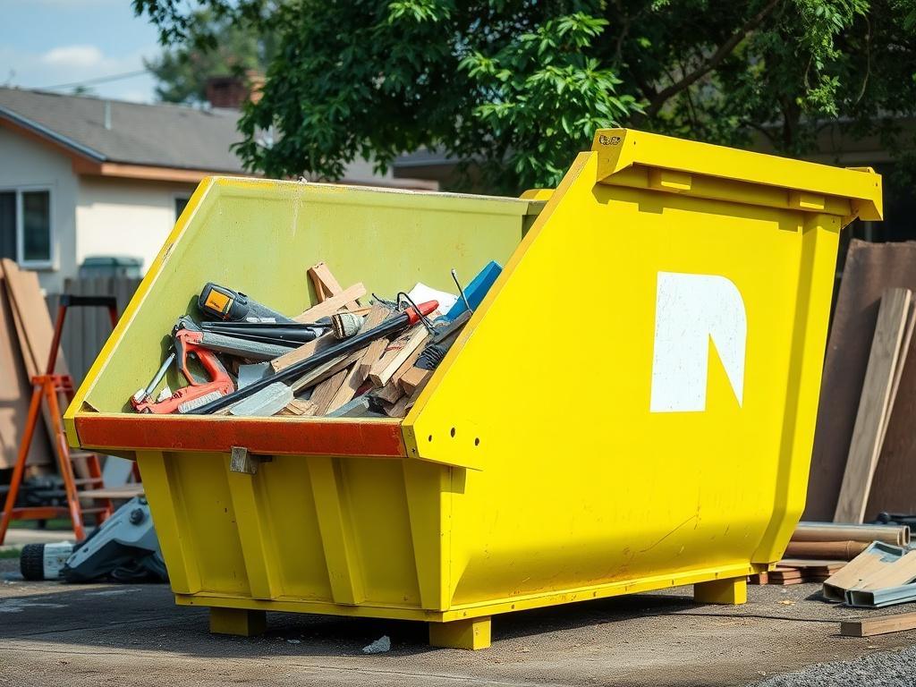 A clean, brightly colored roll-off dumpster in an outdoor setting, with construction debris and renovation waste piled inside. The background features a residential area under renovation, with tools and materials scattered around. The image should be shot in hyper-realistic style, focusing closely on the dumpster, capturing its details and structure, with natural lighting enhancing the colors.