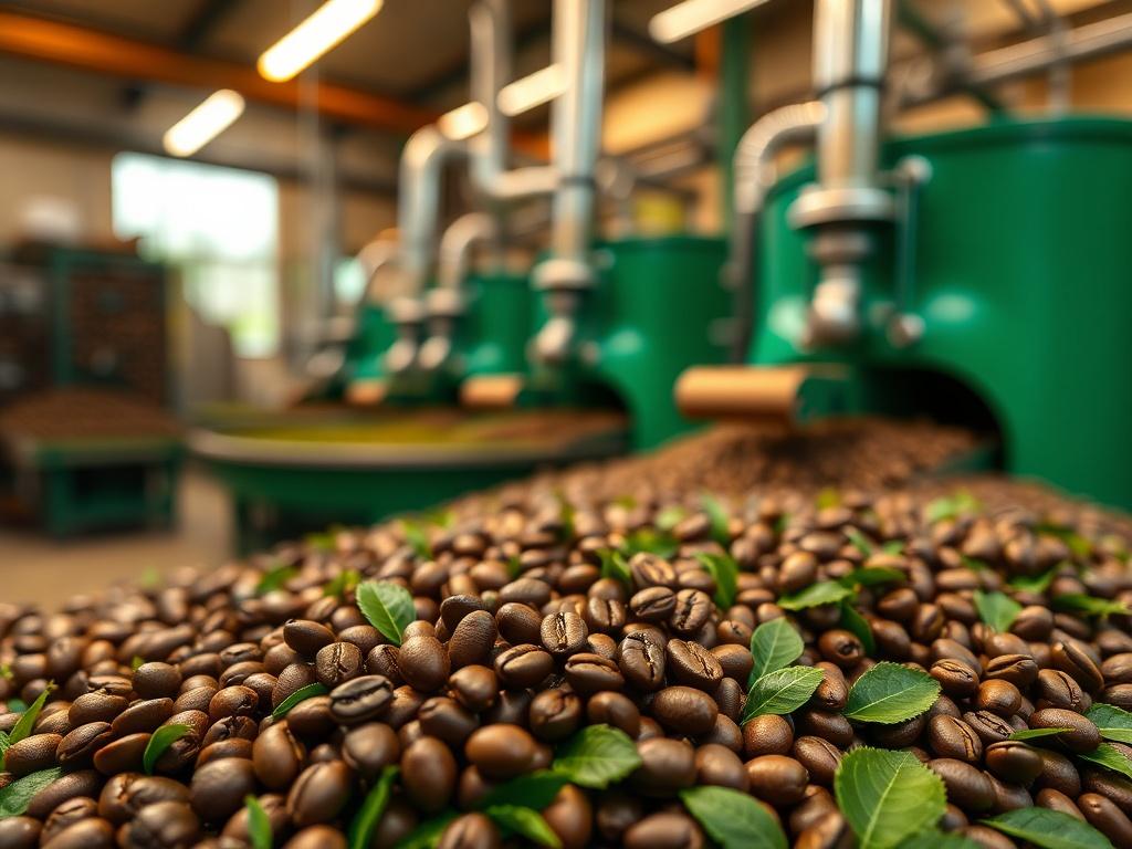 A realistic high-resolution photo of a coffee production facility showcasing high-quality coffee beans in the foreground, with a vibrant green color scheme. The image should focus on a close-up of the beans, with a blurred background of the facility, conveying a sense of quality and craftsmanship in coffee production. The lighting should be warm and inviting, highlighting the richness of the coffee beans.