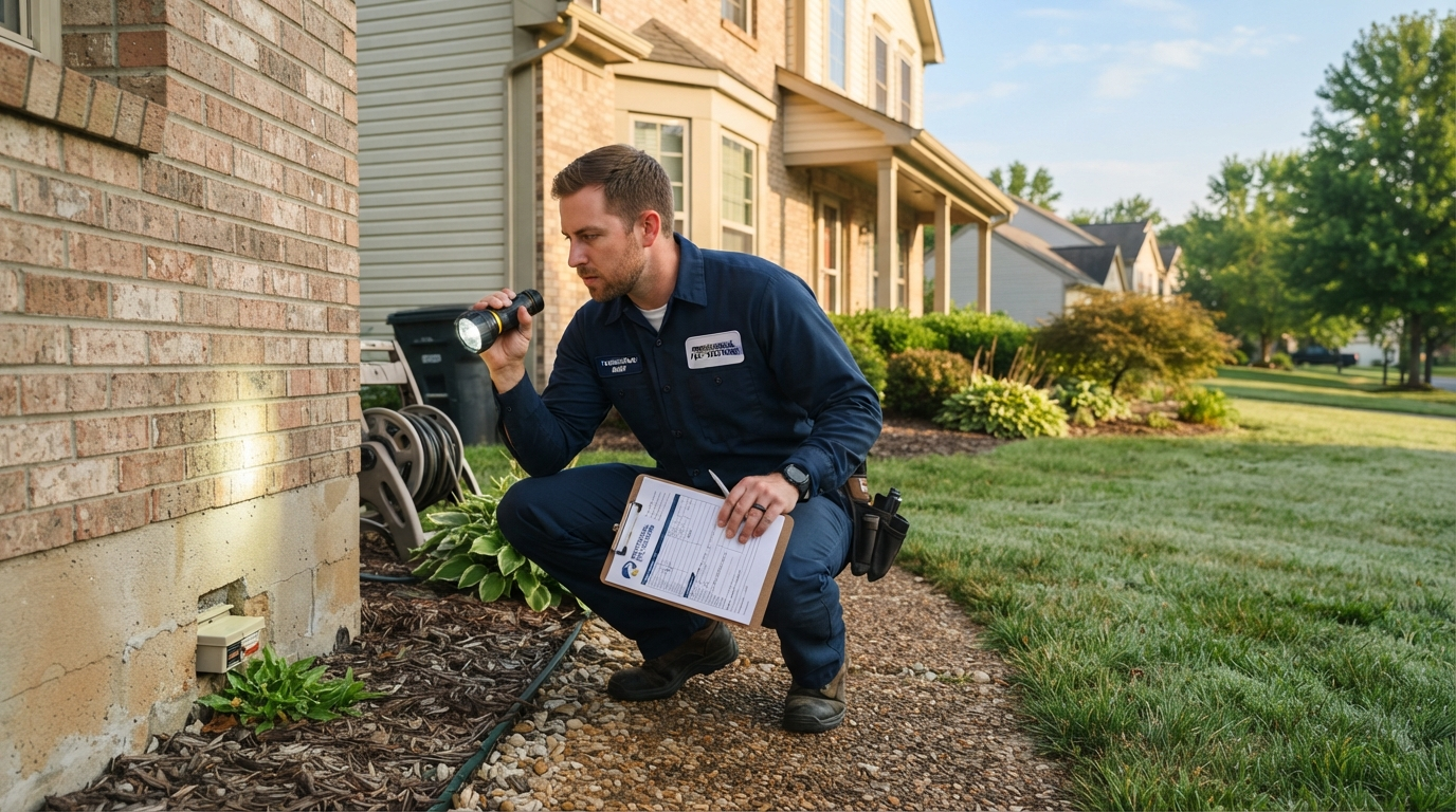 Sentry Pest Solutions technician inspecting home foundation