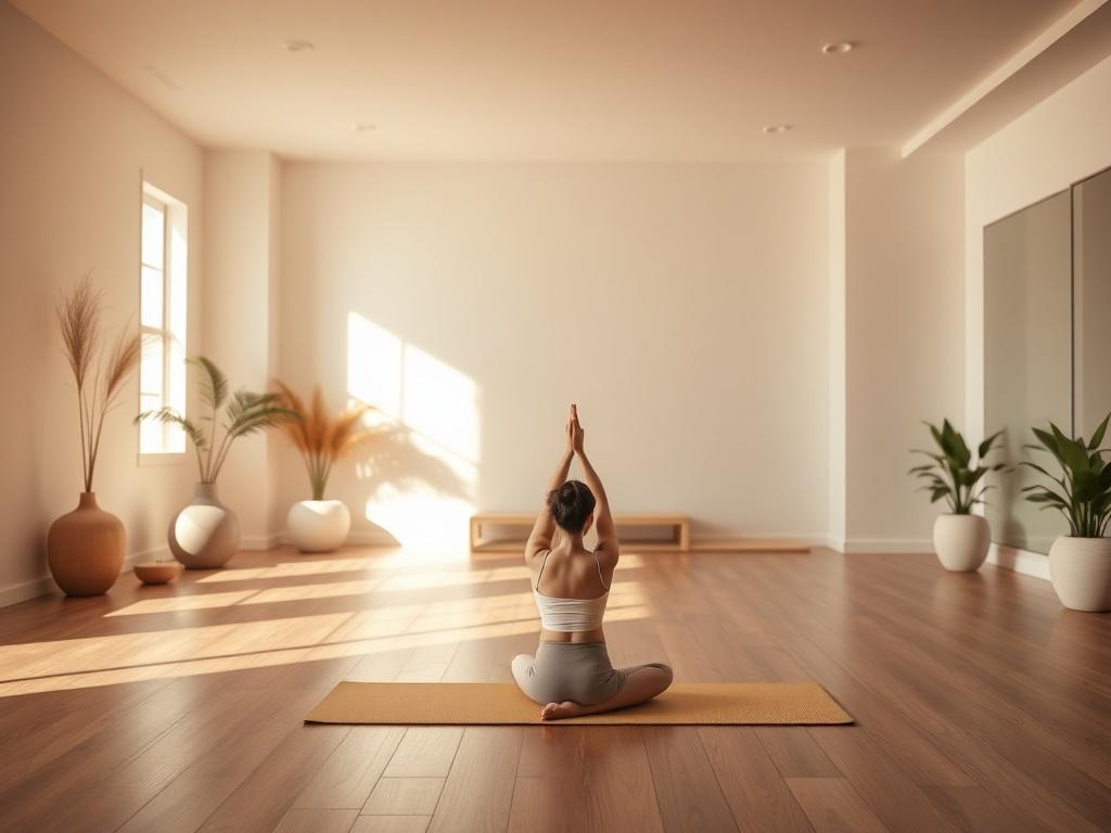 A serene fitness studio with soft lighting, featuring a single