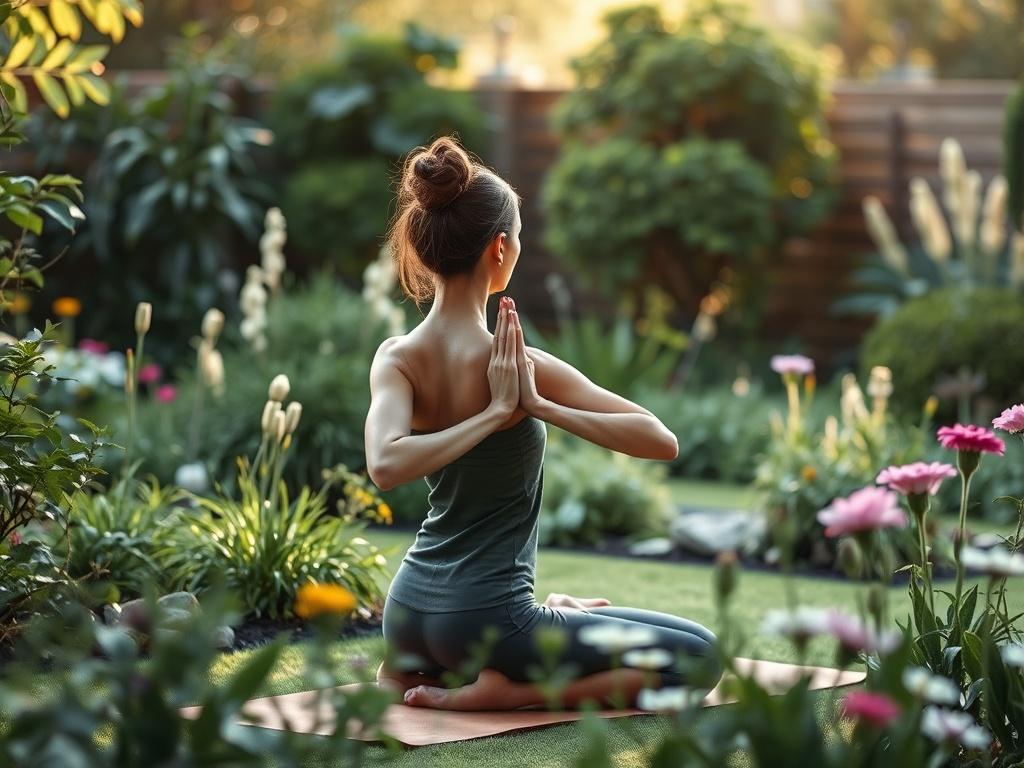 A serene outdoor setting with a person practicing yoga in