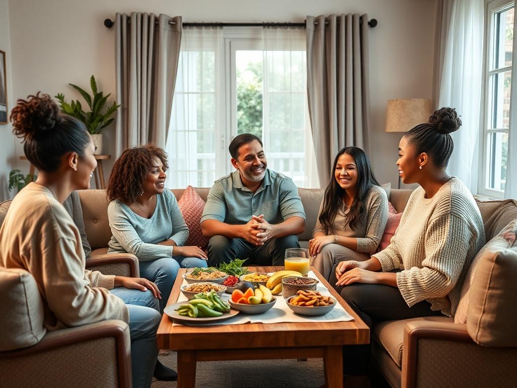 A cozy living room with a group of diverse individuals