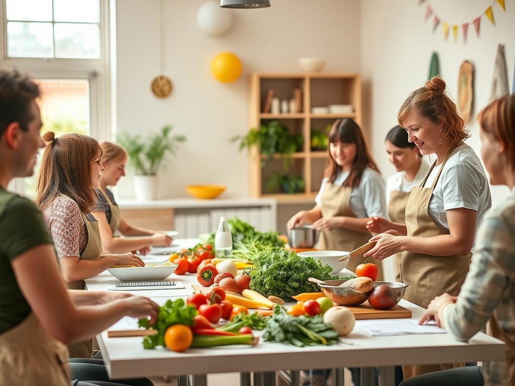 An engaging workshop setting with participants actively involved in cooking