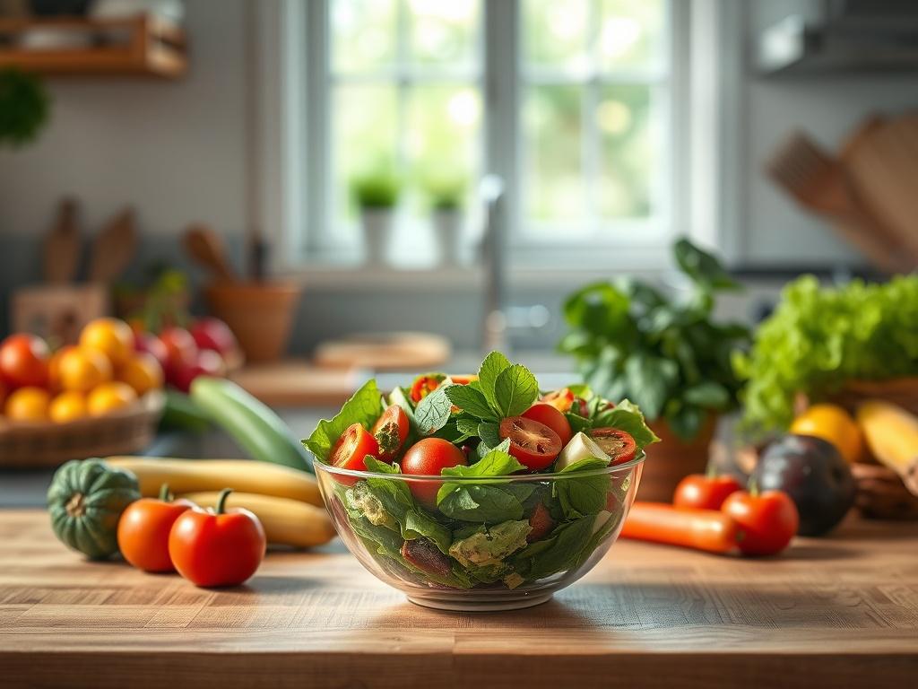 A serene and inviting kitchen scene, featuring fresh fruits and