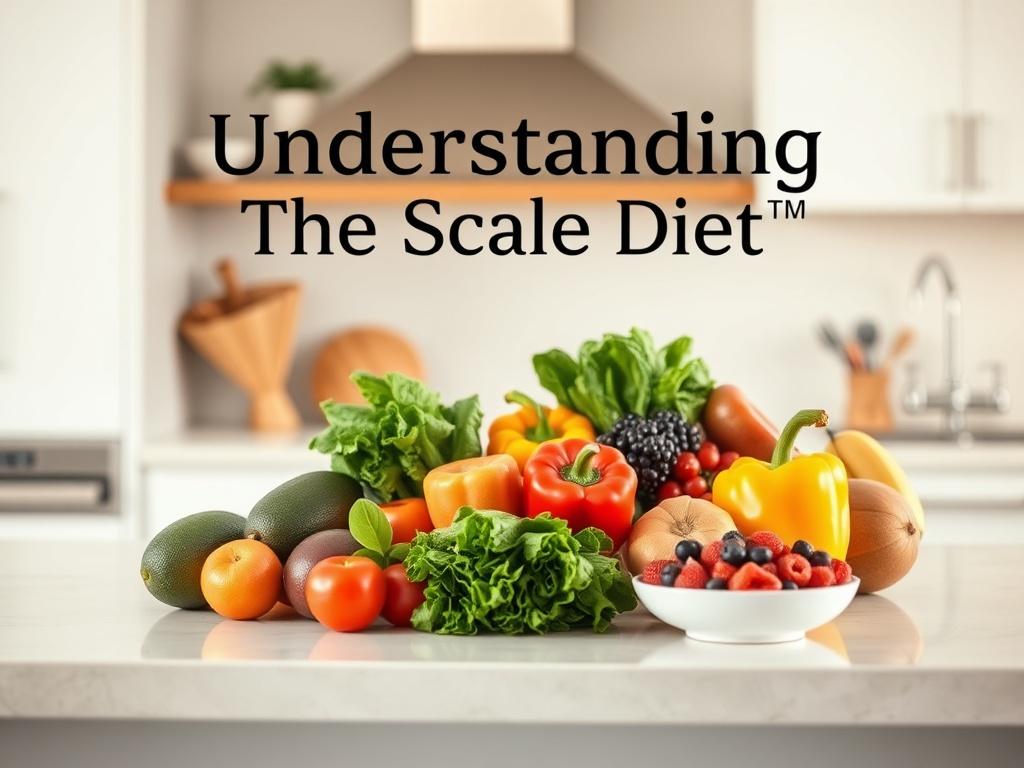Create a realistic high-resolution photo that reflects the essence of a blog titled "Understanding The Scale Diet™". The image should feature a single, inviting kitchen countertop as the main subject. On the countertop, display a beautifully arranged selection of fresh, colorful fruits and vegetables, showcasing the natural, unprocessed foods that align with The Scale Diet™ principles. 

Include items such as ripe avocados, vibrant bell peppers, leafy greens, and a bowl of mixed berries. The background shou