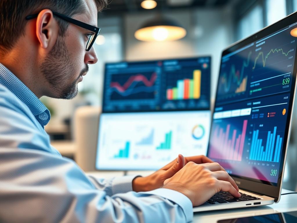 A hyper-realistic close-up shot of a data analyst working on a BI dashboard, with a laptop displaying colorful graphs and charts. The background features a modern office environment with soft lighting, emphasizing a professional and focused atmosphere. The scene should capture the essence of data analysis, showcasing the details of the screen and the analyst's concentrated expression. The image should have a sharp focus and be rendered in high resolution, compatible with the rgb(50, 170, 39) primary color.