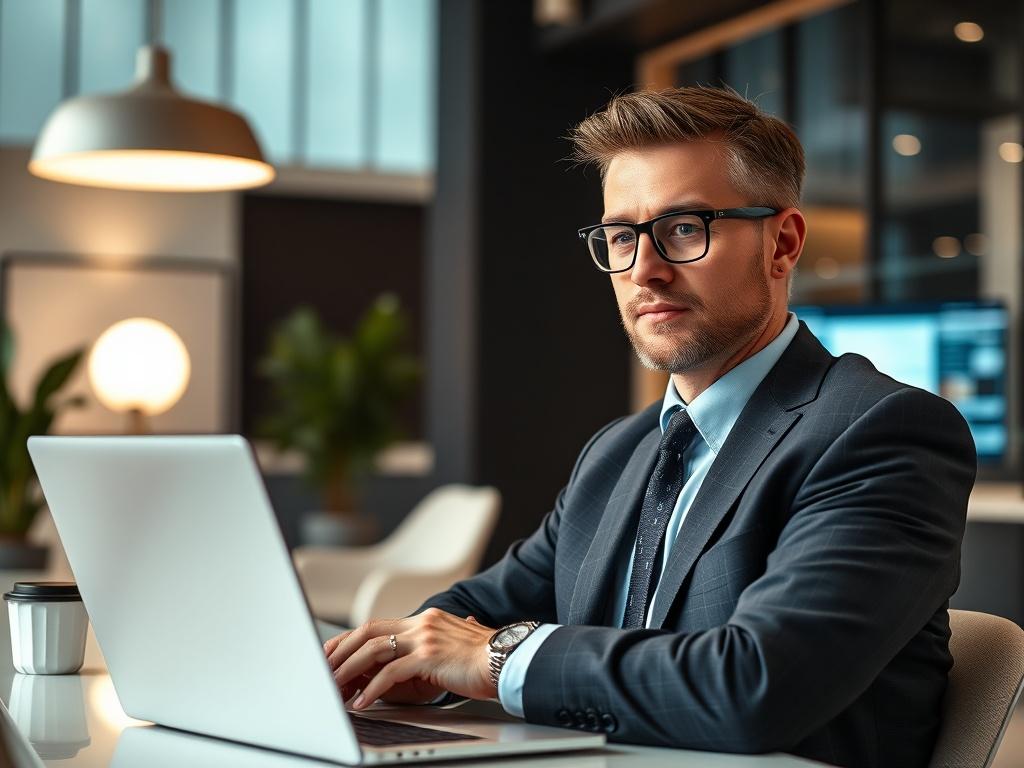 A close-up shot of a professional Guidewire consultant in a modern office environment, showcasing their expertise with a laptop displaying Guidewire software on the screen. The consultant is focused, wearing business attire, and exuding confidence. The background features a sleek, contemporary office setup with subtle hints of technology and insurance elements. The lighting is bright and inviting, creating a professional atmosphere. The image should be rendered in high resolution, capturing intricate detail