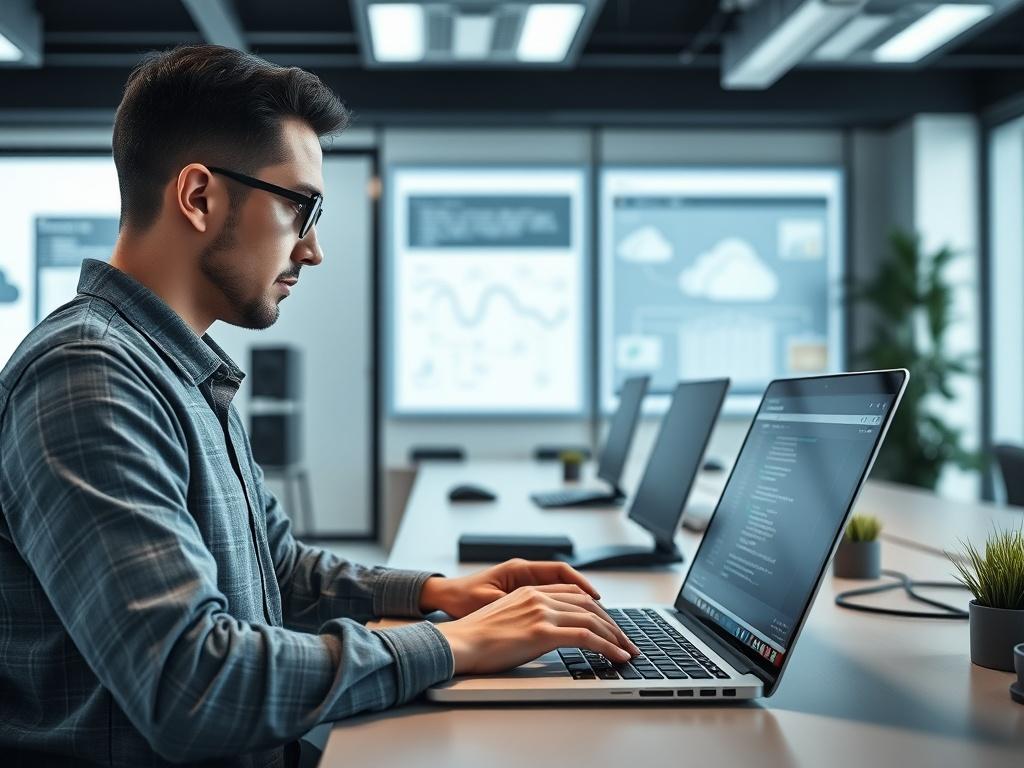 Create a realistic high-resolution photo of a DevOps engineer working on a laptop in a modern office environment. The engineer is focused on coding and monitoring deployment pipelines on the screen. The background features a sleek workspace with minimalistic design, showcasing tech gadgets and cloud infrastructure diagrams. The image should be shot with a 45mm f/1.2 lens to ensure a close-up focus on the engineer, creating a professional and engaging atmosphere. The primary color of the image should include