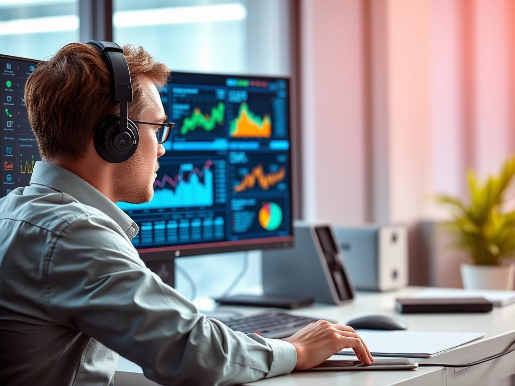 A close-up shot of a professional IT technician sitting at a modern desk, focused on a computer screen displaying complex IT infrastructure graphs and analytics. The background should be softly blurred to emphasize the technician's concentration and expertise. The lighting should be bright, creating a clean and efficient workspace atmosphere. The technician is wearing a headset, symbolizing 24/7 support, and the overall color scheme should harmoniously blend with the primary color rgb(50, 170, 39).