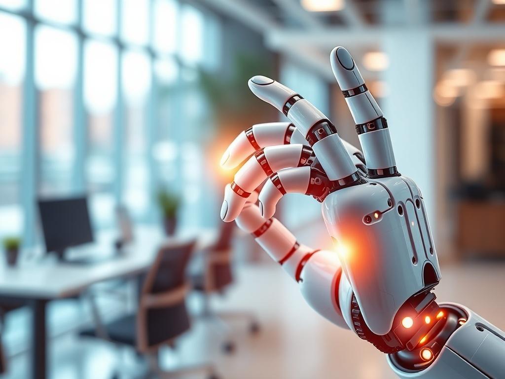 A hyper-realistic close-up shot of a robotic hand interacting with a digital interface, symbolizing the integration of AI and automation. The background features a modern office environment, subtly blurred to emphasize the robotic hand and interface. The lighting is bright and vibrant, highlighting the details of the robotic hand. The overall color scheme aligns with rgb(50, 170, 39), creating a fresh and innovative feel.