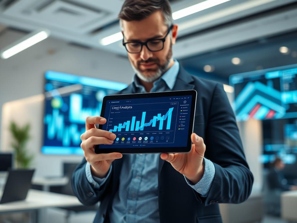 A close-up shot of a cloud computing expert analyzing data on a tablet in a modern office environment. The expert, dressed in business casual, is seen engaged in reviewing cloud analytics charts displayed on the tablet screen. The background features a sleek, high-tech office with soft lighting and digital displays, rendered in hyper-realistic detail, compatible with rgb(50, 170, 39). The image conveys innovation and technological advancement.