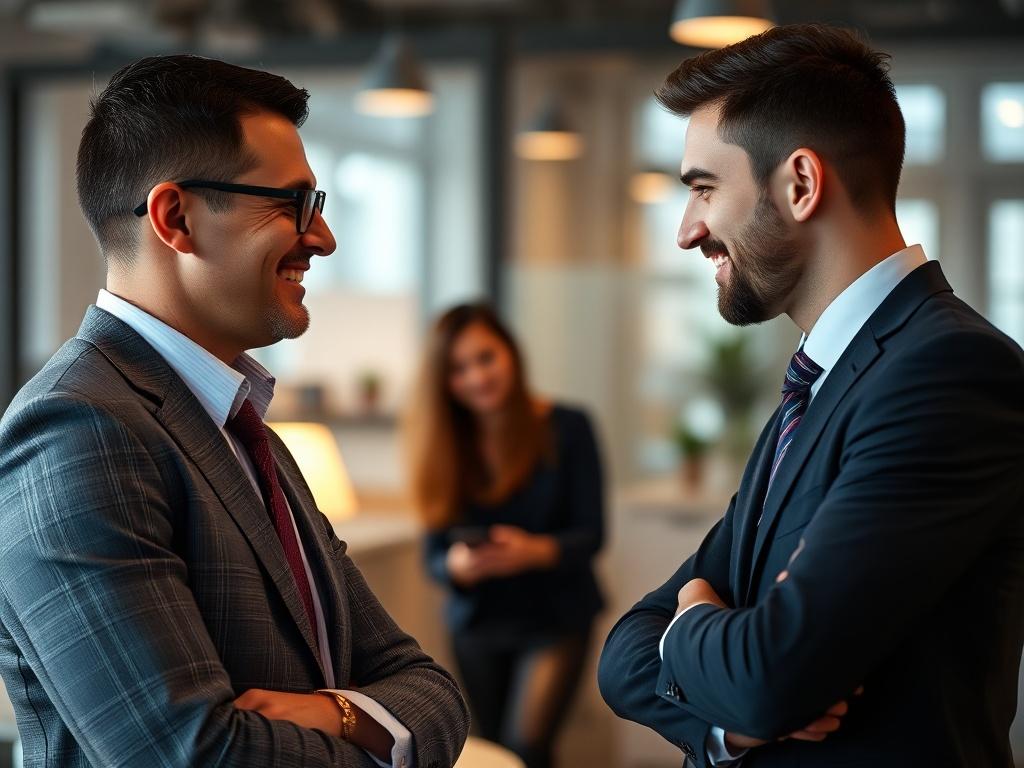 A close-up shot of a professional IT recruiter discussing with a candidate in a modern office setting, showcasing a warm atmosphere. The recruiter, dressed in smart business attire, is engaged in conversation, while the candidate appears focused and enthusiastic. The background features soft-focus elements like a desk with a laptop and office decor, all rendered in hyper-realistic detail, compatible with rgb(50, 170, 39). The image should reflect professionalism and collaboration.