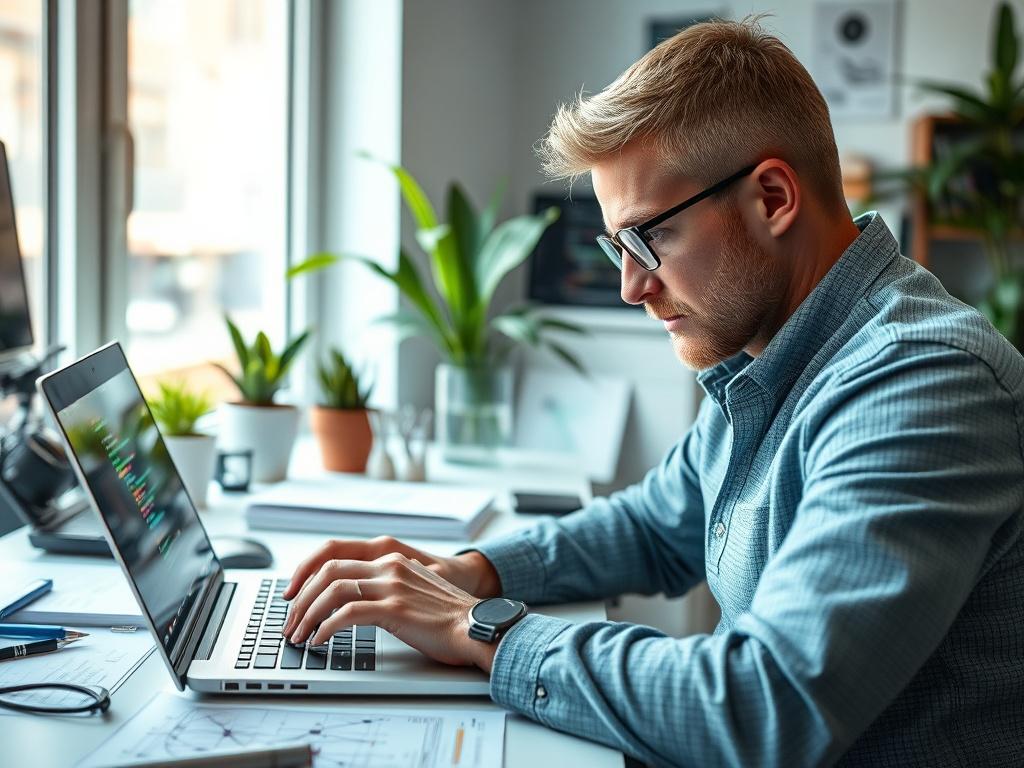 A close-up shot of a software developer working on a laptop, surrounded by coding books and design sketches in a bright, modern workspace. The developer, focused and determined, is seen typing as code displays on the laptop screen. The background features a clean desk with tech gadgets and vibrant plants, rendered in hyper-realistic detail, compatible with rgb(50, 170, 39). The image encapsulates creativity and technical expertise.
