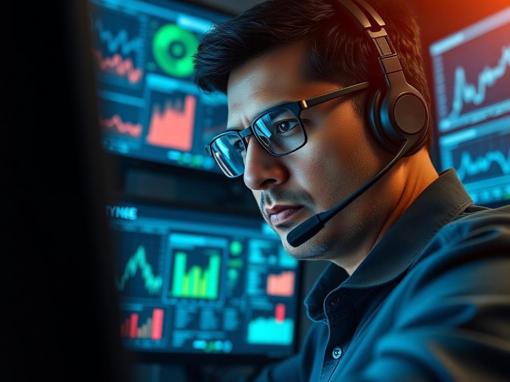 A hyper-realistic close-up shot of a cybersecurity professional analyzing data on multiple screens in a darkened office environment. The screens display various cybersecurity metrics and graphs. The focus is on the professional, a middle-aged South Asian man wearing glasses and a headset, looking intently at the screens, with a serious expression. In the background, soft blue lighting creates an ambiance of high-tech sophistication, while the foreground is blurred to emphasize the subject. The image should 