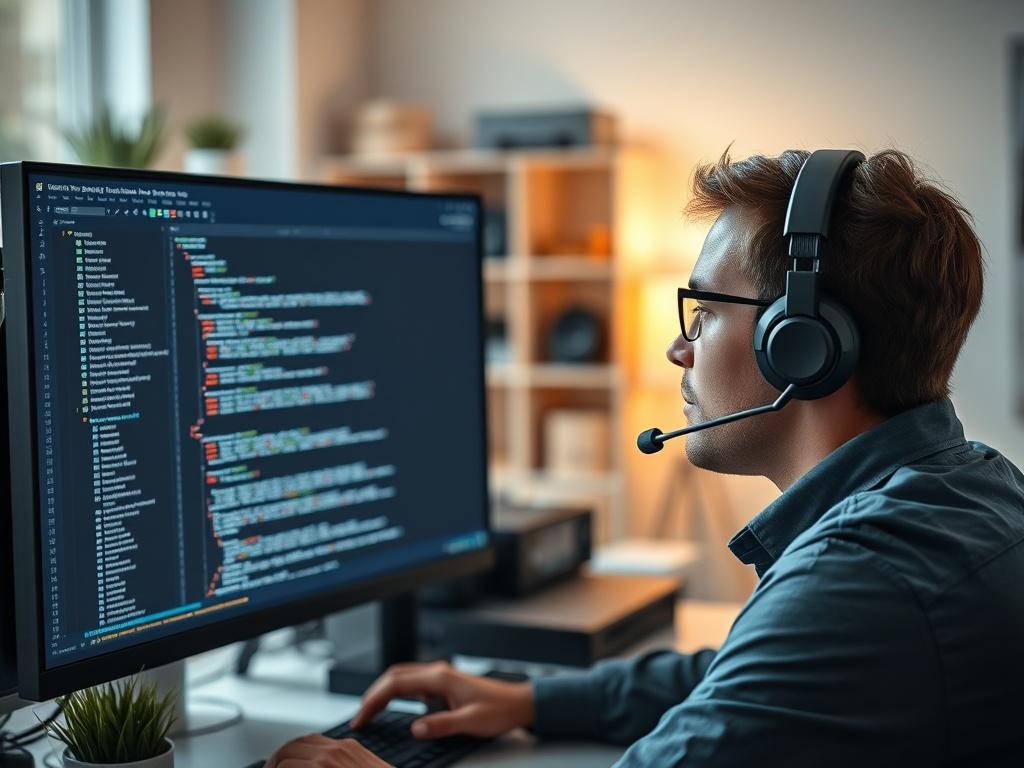 A close-up shot of a professional software tester focused on a computer screen displaying code and testing software applications. The tester is wearing a headset and looks engaged in the process, with a clutter-free, modern workspace in the background. The image should be hyper-realistic, capturing the intensity and concentration of the testing process with soft lighting and a clean composition. The primary color for the image's RGB should be (50, 170, 39) to align with the brand's aesthetic.