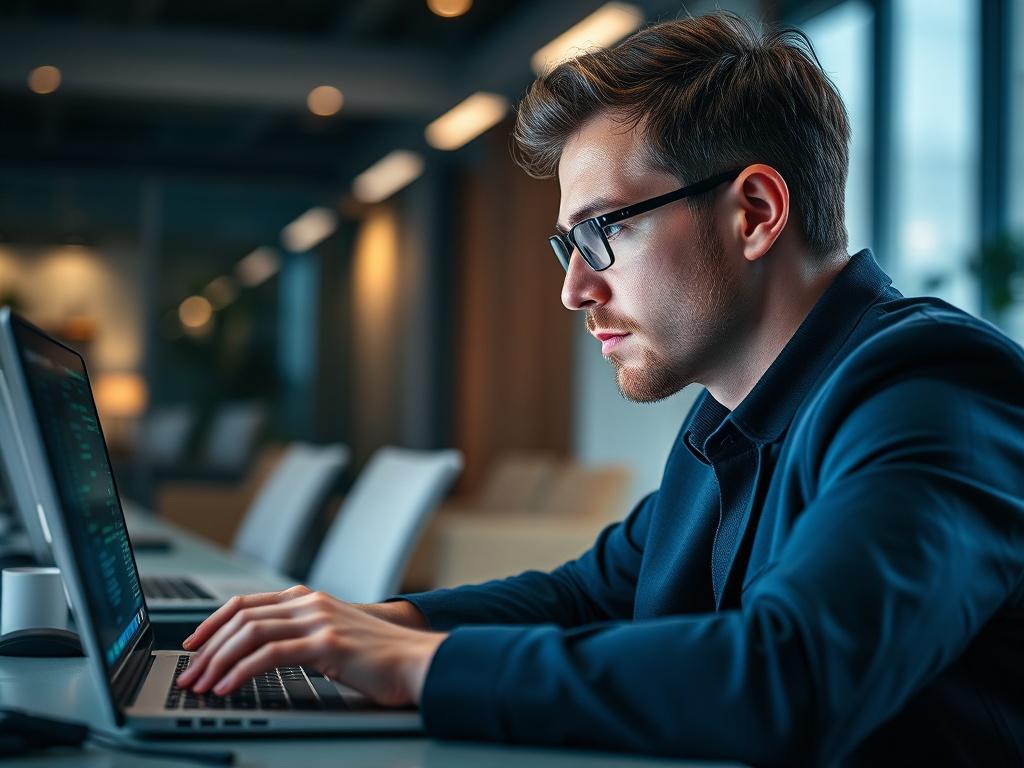 Create a hyper-realistic close-up shot of a professional IT consultant working on a laptop, with focused expression and code displayed on the screen. The background should be a modern office environment with soft lighting, emphasizing a sense of productivity and innovation. Use a 45mm f/1.2 lens style to create a shallow depth of field, ensuring the subject is in sharp focus while the background is softly blurred. The primary color theme should include shades of rgb(50, 170, 39) to reflect the brand identit