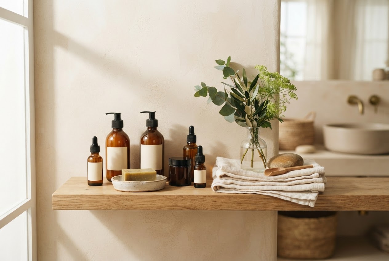 Sunlit botanical care bottles and natural linen in a calm bathroom